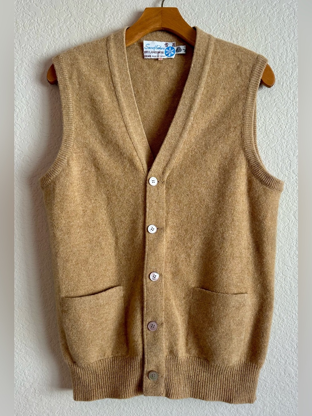 Vintage 80’s Wool Sweater Vest Button Up Pockets Camel Color Grandpa Size 40/M